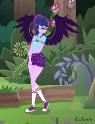 Size: 1200x1562 | Tagged: safe, artist:katanis, derpibooru import, sci-twi, twilight sparkle, equestria girls, legend of everfree, clothes, converse, female, forest, midnight sparkle, sad, shoes, shorts, sneakers, socks, solo, the midnight in me, wings