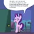 Size: 3000x3000 | Tagged: safe, artist:iampancakes, derpibooru import, spike, starlight glimmer, pony, unicorn, abuse, blatant lies, chair, door, image, implied sparlight, implied spike, lidded eyes, mouthpiece, op is a duck, open mouth, png, solo, speech bubble, spikeabuse