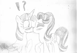 Size: 3506x2434 | Tagged: safe, artist:iampancakes, derpibooru import, starlight glimmer, twilight sparkle, twilight sparkle (alicorn), alicorn, pony, unicorn, blushing, exclamation point, eyes closed, female, interrobang, kissing, lesbian, question mark, shipping, sketch, surprise kiss, traditional art, twistarlight