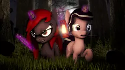 Size: 1920x1080 | Tagged: safe, artist:jaygaming1, deleted from derpibooru, derpibooru import, oc, oc:curse word, oc:magpie, unofficial characters only, pony, 3d, duo, female, forest, grass, lantern, levitation, light, magic, mare, mouth hold, raised hoof, telekinesis, tree, weapon