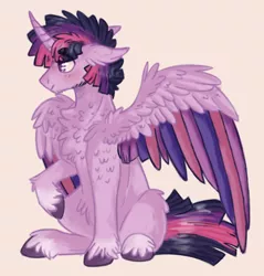 Size: 666x697 | Tagged: safe, artist:wanderingpegasus, derpibooru import, twilight sparkle, twilight sparkle (alicorn), alicorn, pony, chest fluff, colored wings, dusk shine, fluffy, male, multicolored wings, prince dusk, raised hoof, rule 63, simple background, sitting, solo, stallion, unshorn fetlocks