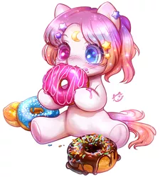 Size: 630x700 | Tagged: safe, artist:catmag, derpibooru import, oc, unofficial characters only, earth pony, pony, chibi, donut, female, filly, food, heterochromia, simple background, solo, white background