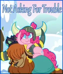 Size: 660x768 | Tagged: safe, artist:esmeia, derpibooru import, pinkie pie, prince rutherford, earth pony, pony, yak, not asking for trouble, colored pupils, duo, female, helmet, hilarious in hindsight, honorary yak horns, horned helmet, mare, ponies riding yaks, title card, viking helmet
