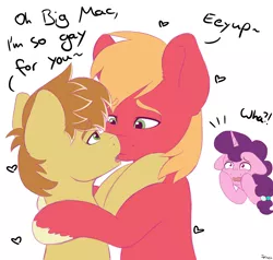 Size: 2000x1900 | Tagged: safe, artist:spirit-dude, derpibooru import, big macintosh, feather bangs, sugar belle, earth pony, pony, unicorn, hard to say anything, crying, feathermac, female, gay, gay in front of girls, kissing, male, mare, shipping, shipping denied, simple background, stallion