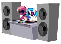 Size: 756x543 | Tagged: safe, artist:petraea, derpibooru import, vinyl scratch, oc, oc:flipside, earth pony, pony, unicorn, female, hooves, horn, mare, simple background, smiling, speakers, sunglasses, transparent background, turntable, vector