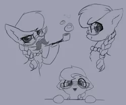 Size: 1077x895 | Tagged: safe, artist:inowiseei, derpibooru import, silver spoon, pony, bubble pipe, bust, chest fluff, cute, fake moustache, glasses, monochrome, portrait, silly, silly pony, silly spoon, silverbetes, sketch, solo