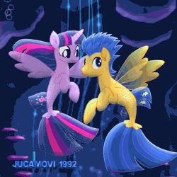 Size: 800x800 | Tagged: safe, artist:jucamovi1992, derpibooru import, flash sentry, twilight sparkle, twilight sparkle (alicorn), alicorn, pony, seapony (g4), my little pony: the movie, animated, cute, diasentres, female, fin wings, fins, flashlight, gif, i can't believe it's not hasbro studios, looking at each other, male, movie accurate, movie poster, seaponified, seapony flash sentry, seapony twilight, shipping, smiling, species swap, straight, twiabetes, underwater