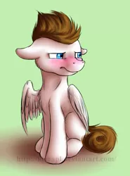 Size: 769x1038 | Tagged: safe, artist:klarapl, derpibooru import, oc, oc:core, unofficial characters only, pegasus, pony, colt, floppy ears, male, simple background, solo, white pony, young