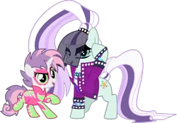 Size: 7058x4920 | Tagged: safe, artist:jhayarr23, derpibooru import, coloratura, sweetie belle, earth pony, pony, unicorn, absurd resolution, clothes, countess coloratura, duo, female, filly, looking at you, mare, raised hoof, show stopper outfits, simple background, smiling, transparent background, vector