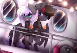 Size: 3859x2685 | Tagged: safe, artist:teranen, derpibooru import, oc, oc:ice trio, oc:mystic thunder, unofficial characters only, bat pony, pony, bat pony oc, beverage, boat, clothes, colored pupils, couple, cute, female, glass, icethunder, lights, male, mare, oc x oc, open mouth, sailing, ship, shipping, smiling, stallion, straight, straw