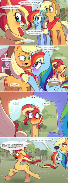 Size: 750x2010 | Tagged: safe, artist:jase1505, deleted from derpibooru, derpibooru import, applejack, rainbow dash, sunset shimmer, classical unicorn, earth pony, pegasus, pony, unicorn, comic:night at the gala, series:cloudsdale symphony, series:sunlight horizons, apple tree, appledash, bandana, barn, blushing, comic, cowboy hat, embarrassed, female, hat, implied lesbian, implied scitwishimmer, implied shipping, implied sunsetsparkle, kissing, leonine tail, lesbian, magic, mare, shipping, size difference, smiling, smoldash, speech bubble, stetson, sweet apple acres, tree, unshorn fetlocks