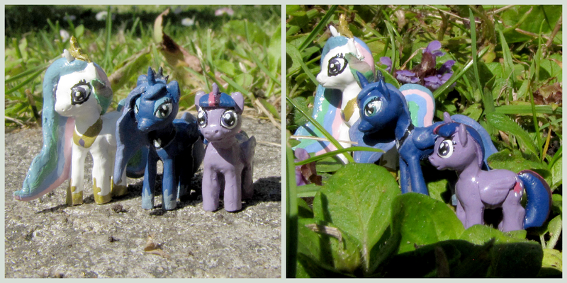 Size: 1800x900 | Tagged: safe, artist:soobel, derpibooru import, princess celestia, princess luna, twilight sparkle, twilight sparkle (alicorn), alicorn, pony, craft, figurine, h0 scale, irl, miniature, photo, sculpture, traditional art