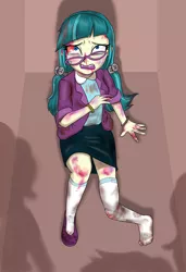 Size: 1300x1900 | Tagged: grimdark, artist:kul, derpibooru import, juniper montage, equestria girls, movie magic, spoiler:eqg specials, abuse, blood, bloodshot eyes, broken leg, bruised, cornered, crying, edgy, juniperbuse, scared, shadow