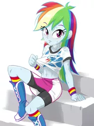 Size: 550x740 | Tagged: safe, artist:ta-na, derpibooru import, rainbow dash, equestria girls, abs, belly button, bike shorts, boots, breasts, clothes, compression shorts, female, muscles, rainbuff dash, shoes, simple background, sitting, skirt, skirt lift, socks, solo, sports bra, stairs, sweat, technically an upskirt shot, wet, wet clothes, wet t-shirt, white background, wristband