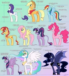 Size: 2000x2200 | Tagged: safe, artist:jase1505, deleted from derpibooru, derpibooru import, applejack, fluttershy, pinkie pie, princess celestia, princess luna, rainbow dash, rarity, sci-twi, sunset shimmer, twilight sparkle, twilight sparkle (alicorn), alicorn, earth pony, pegasus, pony, unicorn, bat wings, chart, diverse body types, diversity, female, height difference, horn, hybrid wings, leonine tail, mare, wings