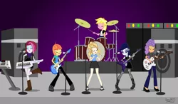 Size: 9272x5399 | Tagged: safe, artist:ironm17, derpibooru import, cayenne, citrus blush, moonlight raven, pretzel twist, sunshine smiles, sweet biscuit, equestria girls, absurd resolution, band, bass guitar, boots, clothes, cute, drums, drumsticks, electric guitar, equestria girls-ified, eyes closed, female, fingerless gloves, gloves, goth, group, guitar, keyboard, keytar, long gloves, microphone, musical instrument, ripped stockings, sandals, shirt, shoes, short-sleeved sweater, singing, skirt, sleeveless dress, stage, t-shirt, trousers