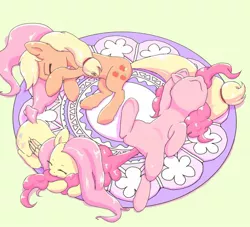 Size: 1500x1361 | Tagged: safe, artist:limply_swamp, derpibooru import, applejack, fluttershy, pinkie pie, earth pony, pegasus, pony, cute, diapinkes, eyes closed, lying down, on back, prone, rug, side, sleeping, tail pillow, trio