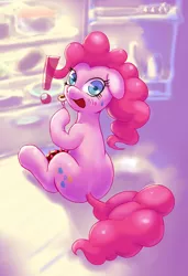 Size: 1232x1800 | Tagged: safe, artist:limply_swamp, derpibooru import, pinkie pie, earth pony, pony, cake, caught, eating, exclamation point, food, head turn, looking at you, looking back, looking back at you, refrigerator, sitting, solo