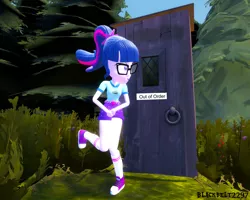 Size: 1284x1026 | Tagged: safe, artist:blackbelt2297, derpibooru import, sci-twi, twilight sparkle, equestria girls, legend of everfree, 3d, covering crotch, female, gmod, need to pee, omorashi, outhouse, potty dance, potty emergency, potty time, shoes, sneakers, solo, trotting in place