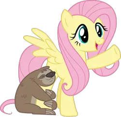Size: 5167x5000 | Tagged: safe, artist:lorthiz, derpibooru import, fluttershy, lola the sloth, pony, sloth, absurd resolution, cute, open mouth, raised hoof, shyabetes, simple background, spread wings, transparent background, vector, wings