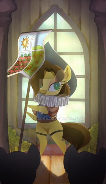 Size: 600x1036 | Tagged: safe, artist:gashiboka, derpibooru import, chancellor puddinghead, earth pony, pony, banner, everfree tarot, hat, major arcana, solo focus, tarot, tarot card, the hierophant, watermark