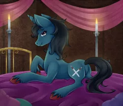 Size: 1000x859 | Tagged: suggestive, artist:stalkerpony, derpibooru import, oc, oc:slashing prices, unofficial characters only, pony, unicorn, bed, bedroom eyes, blanket, candle, cutie mark, eyelashes, featureless crotch, female, flank, looking at you, mare, pillow, plot, prone, rule 63, smiling, solo, unshorn fetlocks, wax