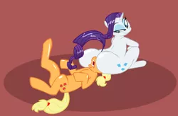 Size: 1052x692 | Tagged: suggestive, artist:cybersp0nge, derpibooru import, edit, applejack, rarity, earth pony, pony, unicorn, appleseat, ass, butt, face down ass up, facesitting, facesitting on applejack, plot, prize on the eyes, rarijack, rariseat, rearity, shipping, these aren't my glasses