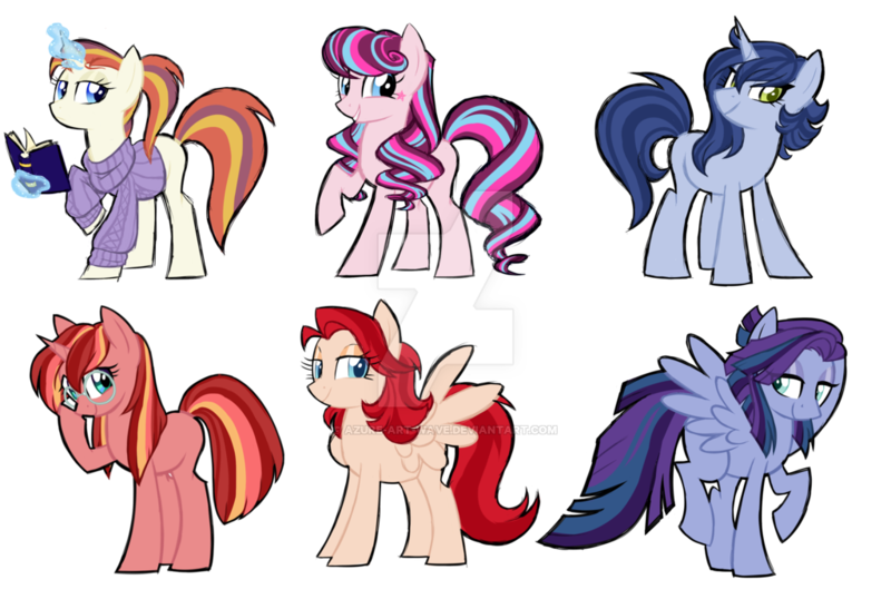 Size: 1024x689 | Tagged: safe, artist:azure-art-wave, derpibooru import, oc, unofficial characters only, earth pony, pegasus, pony, unicorn, book, clothes, female, magic, magical lesbian spawn, mare, offspring, parent:coloratura, parent:flash sentry, parent:limestone pie, parent:maud pie, parent:moondancer, parent:pinkie pie, parent:prince blueblood, parent:rarity, parent:shining armor, parent:spitfire, parent:sunburst, parent:twilight sparkle, parents:limearmor, parents:maudsentry, parents:moonblood, parents:rarapie, parents:rarifire, parents:twiburst, simple background, sweater, transparent background, watermark