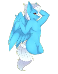 Size: 4200x5400 | Tagged: absurd resolution, anthro, arm behind head, armpits, artist:pinkxei, barbie doll anatomy, derpibooru import, featureless crotch, male, nudity, oc, oc:arctic breeze, peace sign, pegasus, simple background, solo, suggestive, transparent background, unofficial characters only