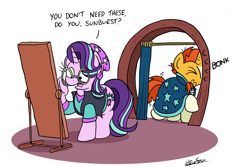 Size: 2215x1587 | Tagged: safe, artist:bobthedalek, derpibooru import, starlight glimmer, sunburst, pony, unicorn, beanie, bonk, clothes, duo, equestria girls outfit, eyes closed, female, frown, hat, male, mare, mirror, open mouth, raised hoof, simple background, stallion, wavy mouth, white background, wide eyes