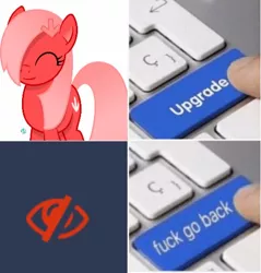 Size: 500x522 | Tagged: safe, derpibooru import, edit, oc, oc:downvote, ponified, unofficial characters only, pony, derpibooru, derpibooru ponified, drama, female, hide, keyboard, meme, meta, the day downvote died, the day downvote survived, upgrade, upgrade meme, vulgar