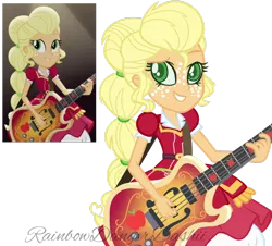 Size: 1024x926 | Tagged: safe, artist:bezziie, derpibooru import, applejack, equestria girls, base used, clothes, colored pupils, dress, guitar, simple background, solo, transparent background