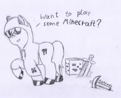 Size: 1744x1419 | Tagged: safe, artist:geljado, derpibooru import, oc, unofficial characters only, earth pony, pony, clothes, hoodie, minecraft, monochrome, ore, pickaxe, shiny hoof, solo, sword, weapon