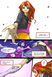 Size: 1000x1495 | Tagged: safe, artist:ddd1983, derpibooru import, sunset shimmer, twilight sparkle, twilight sparkle (alicorn), comic:shimmering, equestria girls, comic, holding hands, role reversal