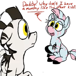 Size: 600x600 | Tagged: artist:thebathwaterhero, derpibooru import, father and daughter, female, hybrid, implied gay, male, oc, oc:ziggy, safe, unofficial characters only, zebra, zony