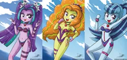 Size: 2217x1055 | Tagged: suggestive, artist:the-butch-x, derpibooru import, adagio dazzle, aria blaze, sonata dusk, equestria girls, rainbow rocks, adoragio, adorasexy, ariabetes, armpits, bandeau, beach, bedroom eyes, belly button, bicolor swimsuit, bikini, blue swimsuit, blushing, bracelet, breasts, busty adagio dazzle, busty aria blaze, busty sonata dusk, choker, cleavage, clothes, cloud, cloudy, compilation, cute, cutie mark, cutie mark on equestria girl, female, females only, garter, gem, gloves, hand on hip, happy, jeweled swimsuit, jewelry, looking at you, necklace, o-ring swimsuit, ocean, one-piece swimsuit, ponytail, purple swimsuit, raised eyebrow, sexy, siren gem, solo, solo female, sonatabetes, swimsuit, the dazzlings, tongue out, tricolor swimsuit, underass, water, wristband, x summer