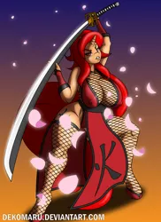 Size: 1332x1828 | Tagged: suggestive, artist:dekomaru, derpibooru import, oc, oc:fuma, unofficial characters only, anthro, unguligrade anthro, unicorn, anthro oc, big breasts, breasts, clothes, female, katana, kunoichi, looking at you, mare, ninja, solo, solo female, sword, weapon