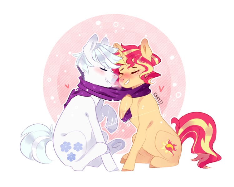 Size: 1500x1200 | Tagged: safe, artist:kraytt-05, derpibooru import, double diamond, sunset shimmer, earth pony, pony, unicorn, equestria girls, clothes, crack shipping, cute, doubleset, eyes closed, female, male, mare, raised hoof, scarf, shared clothing, shared scarf, shipping, sitting, smiling, stallion, straight
