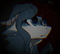 Size: 340x307 | Tagged: animated, artist:brokensilence, bust, chest fluff, chromatic aberration, dark background, derpibooru import, draconequified, draconequus, gif, glitch art, horns, oc, oc:mira songheart, safe, solo, species swap, unofficial characters only