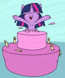 Size: 833x1000 | Tagged: safe, artist:lockheart, derpibooru import, twilight sparkle, pony, armpits, birthday, cake, candle, chest fluff, eyes closed, female, food, happy, jumping out of cake, open mouth, pop out cake, simple background, solo