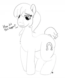 Size: 1280x1529 | Tagged: safe, artist:pabbley, derpibooru import, trouble shoes, pony, 30 minute art challenge, dialogue, implied transformation, monochrome, rule 63, simple background, solo, troubleheels clara, white background