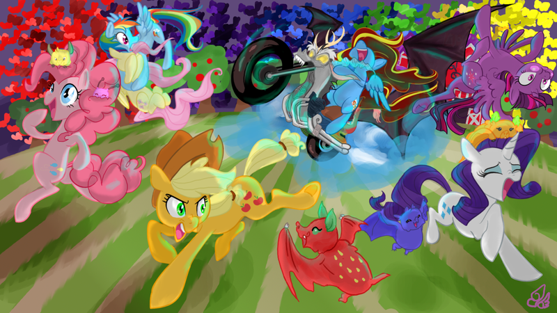 Size: 1280x720 | Tagged: safe, artist:candasaurus, derpibooru import, applejack, discord, fluttershy, pinkie pie, rainbow dash, rarity, twilight sparkle, twilight sparkle (alicorn), oc, oc:ilovekimpossiblealot, alicorn, earth pony, fruit bat, pegasus, pony, unicorn, bats!, bat out of hell, bipedal, female, mane six, mare, meat loaf, motorcycle, ponysona, song reference