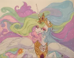 Size: 1280x1011 | Tagged: safe, artist:candasaurus, derpibooru import, princess celestia, alicorn, pony, female, jewelry, mare, modified accessory, raised hoof, smiling, solo, spread wings, traditional art, wings