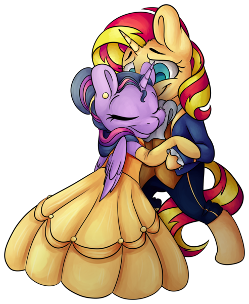 Size: 3823x4651 | Tagged: safe, artist:cutepencilcase, derpibooru import, sunset shimmer, twilight sparkle, twilight sparkle (alicorn), alicorn, pony, unicorn, absurd resolution, beauty and the beast, clothes, commission, cute, disney, dress, female, lesbian, mare, shimmerbetes, shipping, simple background, sunsetsparkle, transparent background, twiabetes