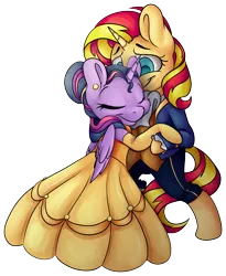 Size: 3823x4651 | Tagged: safe, artist:cutepencilcase, derpibooru import, sunset shimmer, twilight sparkle, twilight sparkle (alicorn), alicorn, pony, unicorn, absurd resolution, beauty and the beast, clothes, commission, cute, disney, dress, female, lesbian, mare, shimmerbetes, shipping, simple background, sunsetsparkle, transparent background, twiabetes