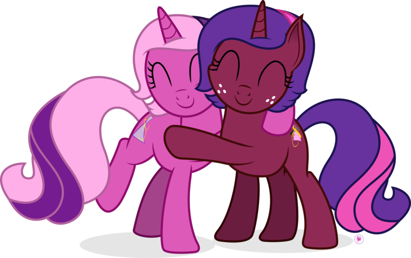 Size: 15947x10000 | Tagged: safe, artist:illumnious, derpibooru import, oc, oc:aura midnight, oc:flares midnight, unofficial characters only, pony, unicorn, absurd resolution, duo, eyes closed, female, hug, mare, simple background, sisters, smiling, transparent background, vector