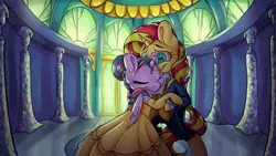 Size: 7717x4339 | Tagged: safe, artist:cutepencilcase, derpibooru import, sunset shimmer, twilight sparkle, twilight sparkle (alicorn), alicorn, pony, unicorn, absurd resolution, beauty and the beast, clothes, commission, crossover, cute, dancing, disney, dress, female, lesbian, mare, shimmerbetes, shipping, smiling, sunsetsparkle, twiabetes