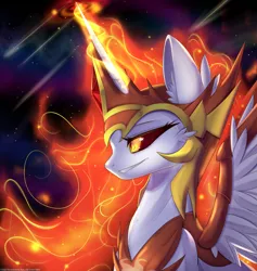 Size: 1800x1900 | Tagged: safe, artist:togeticisa, derpibooru import, daybreaker, alicorn, pony, a royal problem, bust, evil grin, female, grin, mane of fire, mare, portrait, smiling, solo