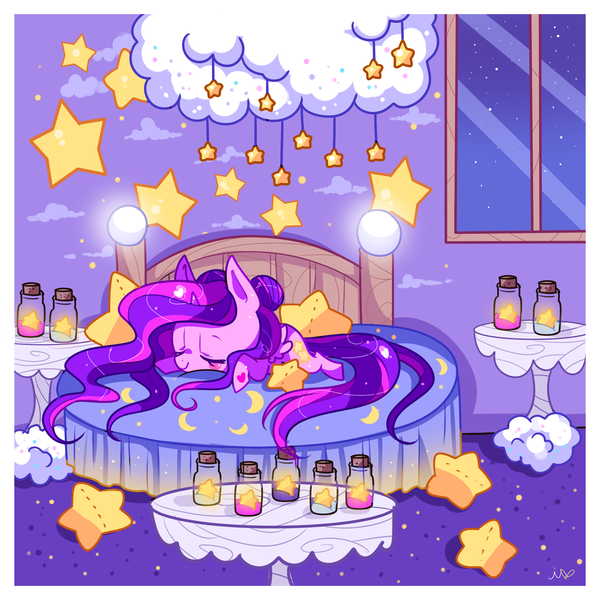 Size: 1200x1200 | Tagged: safe, artist:ipun, derpibooru import, oc, oc:hazel, unofficial characters only, alicorn, pony, alicorn oc, bed, bedroom, chibi, cloud, eyes closed, female, jar, mare, night, plushie, prone, sleeping, solo, stars, window