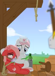 Size: 1920x2640 | Tagged: semi-grimdark, artist:eagle1division, derpibooru import, nurse redheart, oc, oc:downvote, ponified, pony, derpibooru, coffin, comforting, crying, derpibooru ponified, execution, female, gallows, hanging (by neck), meta, noose, oxygen mask, reprieve, rope, royal guard, sitting, spear, stool, the day downvote died, the day downvote survived, tied up, traumatized, weapon